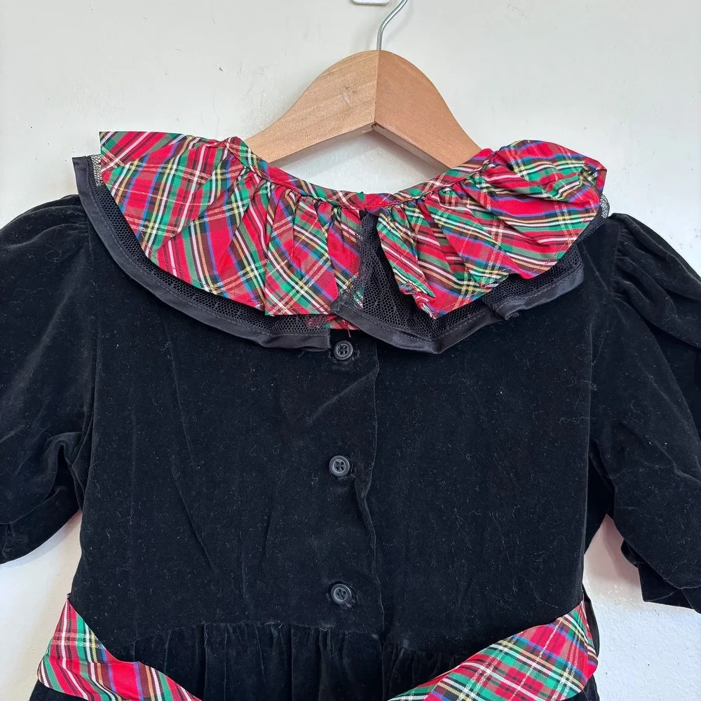Vintage Girls Velvet Romper Jumper 5 Black Plaid Ruffle Holiday Christmas USA